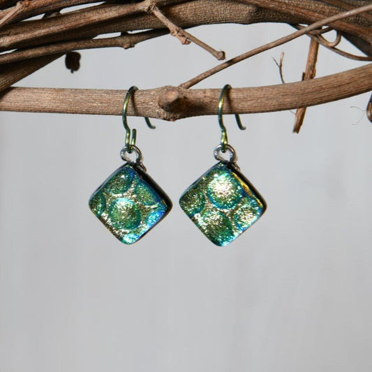 Aqua Green and Gold Dichroic Glass Bubble Earrings