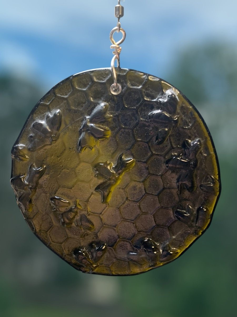 Bees on Honeycomb Suncatcher from Upcycled Wine Bottle