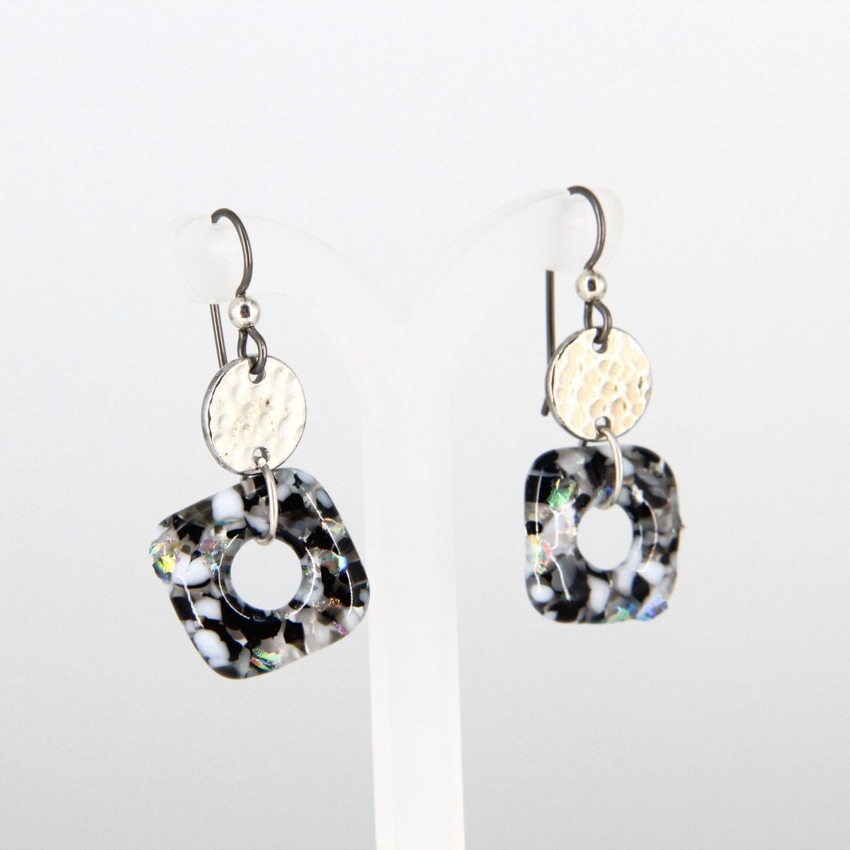 Black and White Glass Earrings with Silver Accents