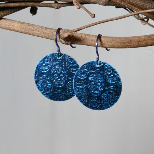 Blue Anodized Niobium Dangle Earrings with Calavera Sugar Skull Pattern