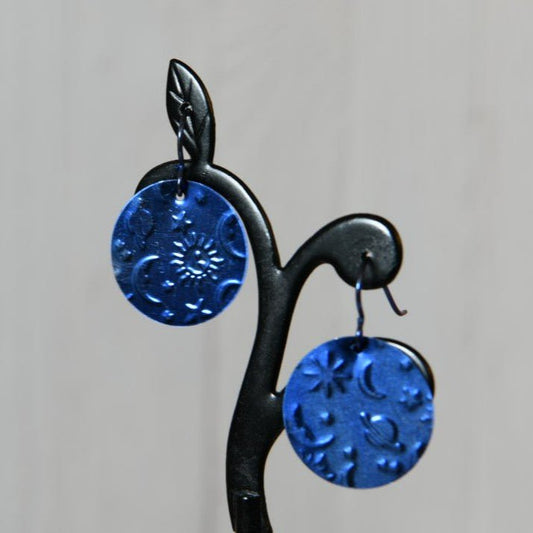Blue Anodized Niobium Dangle Earrings with Sun and Moon Pattern