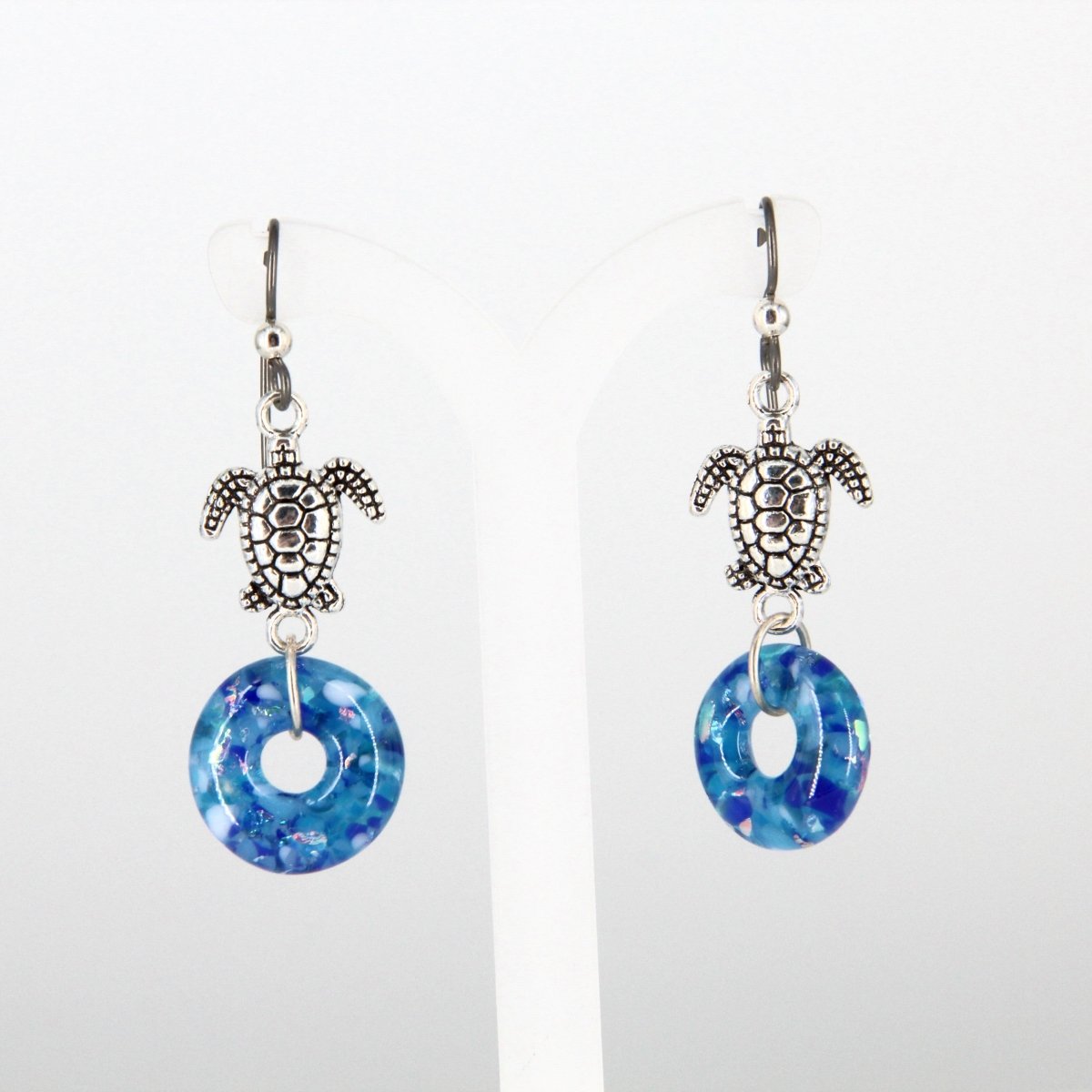 Blue Glass Earrings with Silver Accents