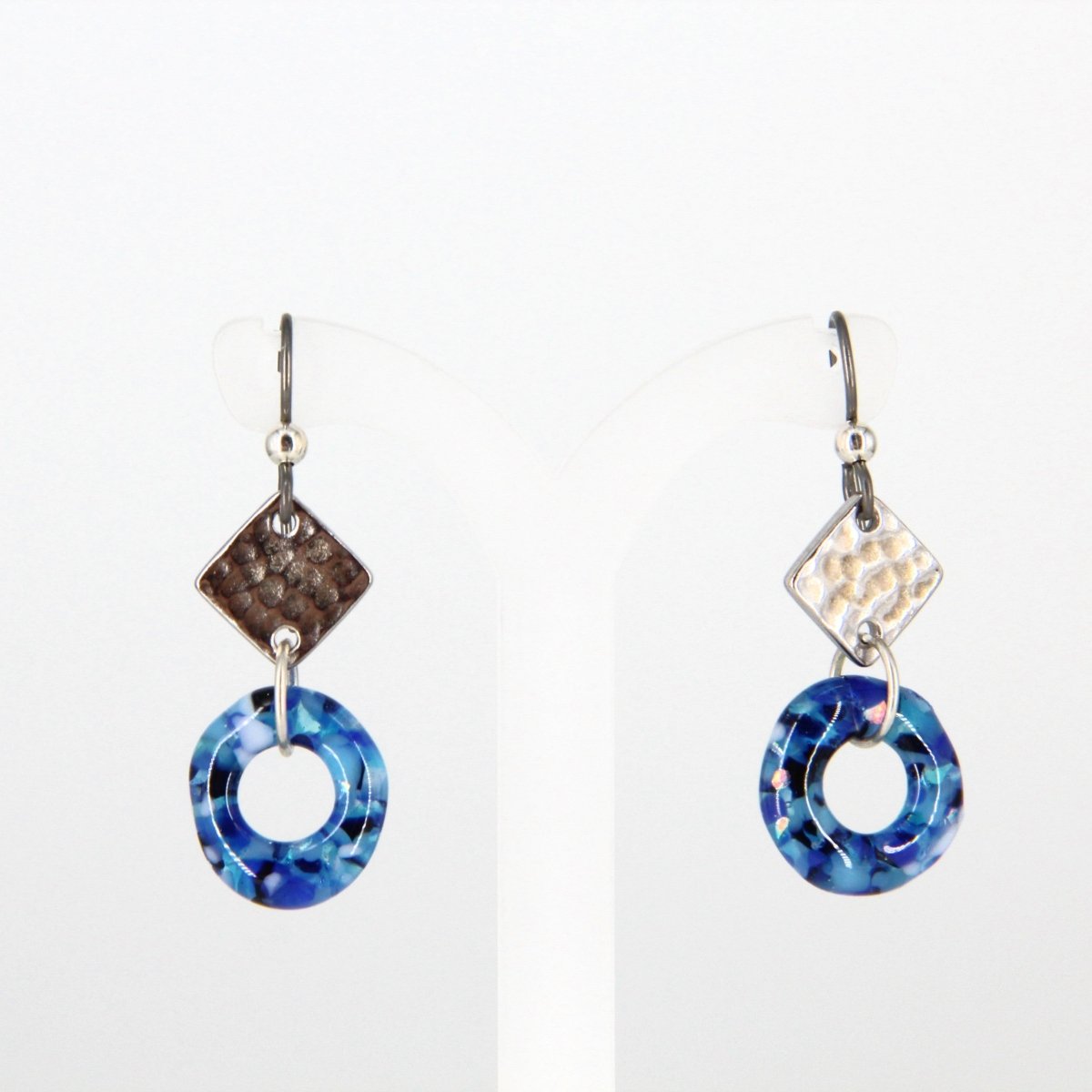 Blue Glass Earrings with Silver Accents