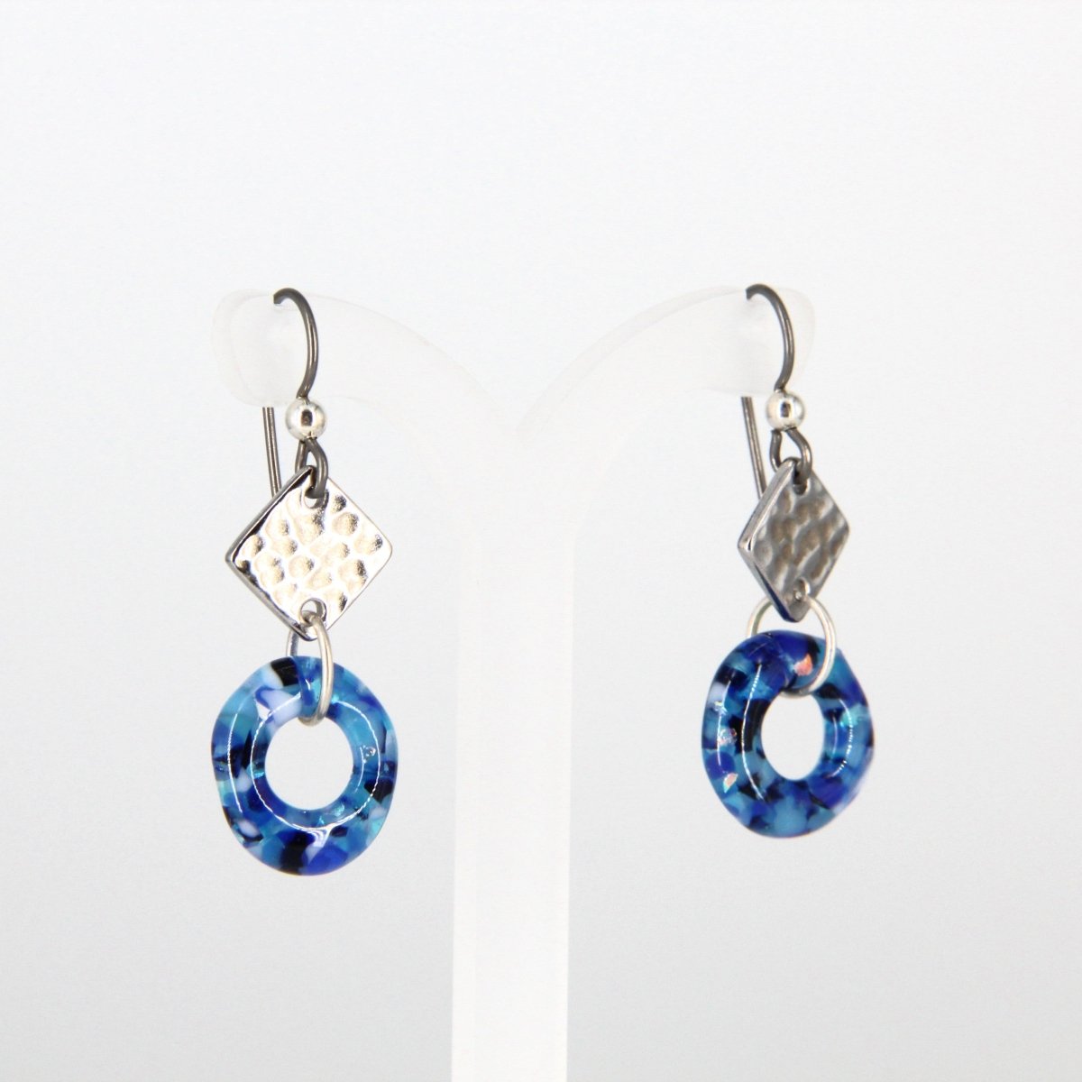 Blue Glass Earrings with Silver Accents