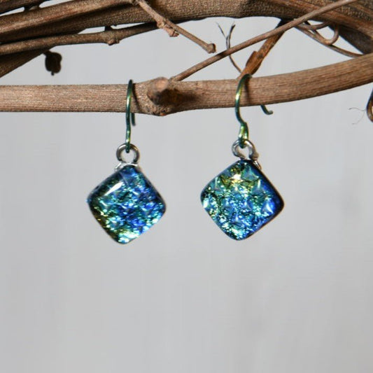 Blue Scale Pattern Dichroic Glass Earrings