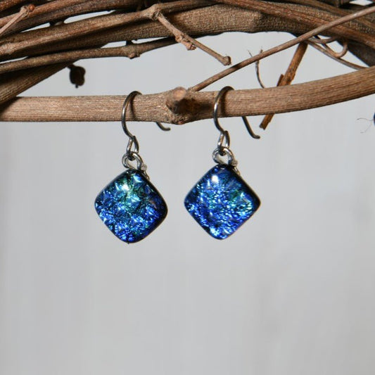 Blue Scale Pattern Dichroic Glass Earrings