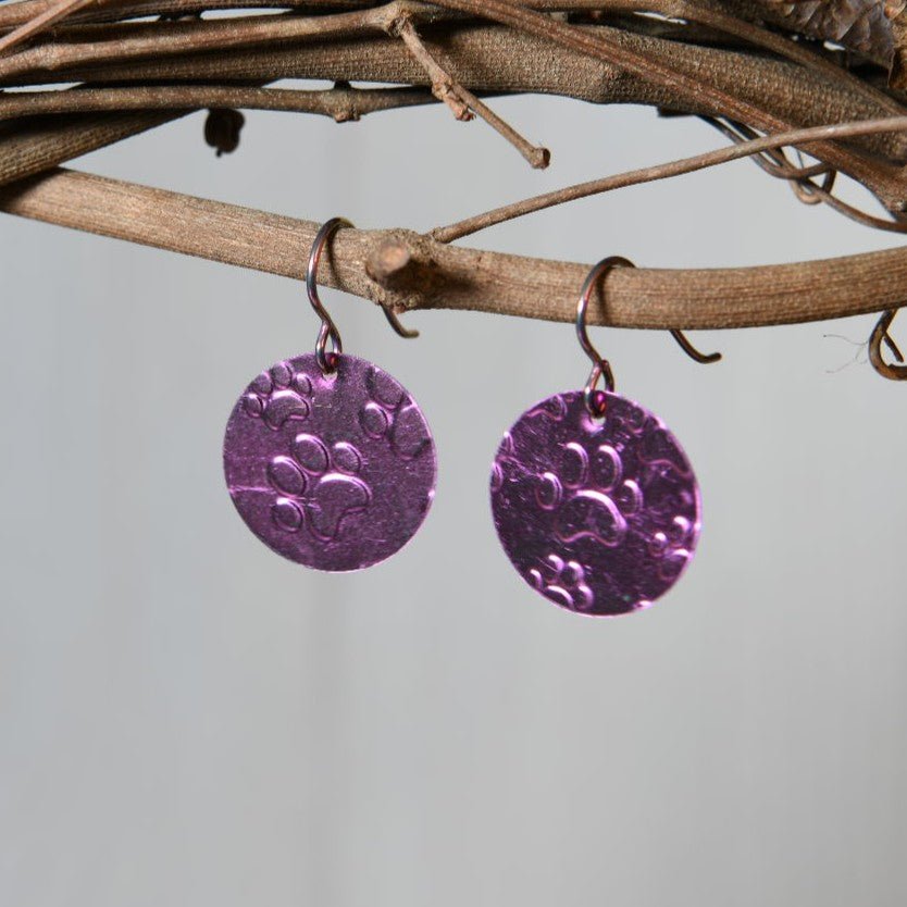 Bright Pink Anodized Niobium Dangle Earrings with Pawprint Pattern