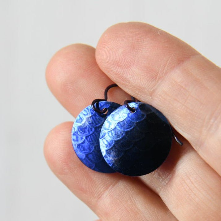 Dark Blue Anodized Niobium Dangle Earrings with Scale Pattern
