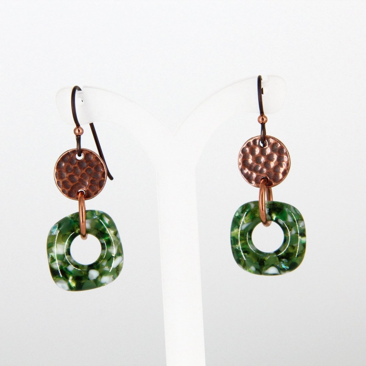 Green Glass Earrings with Copper Accents