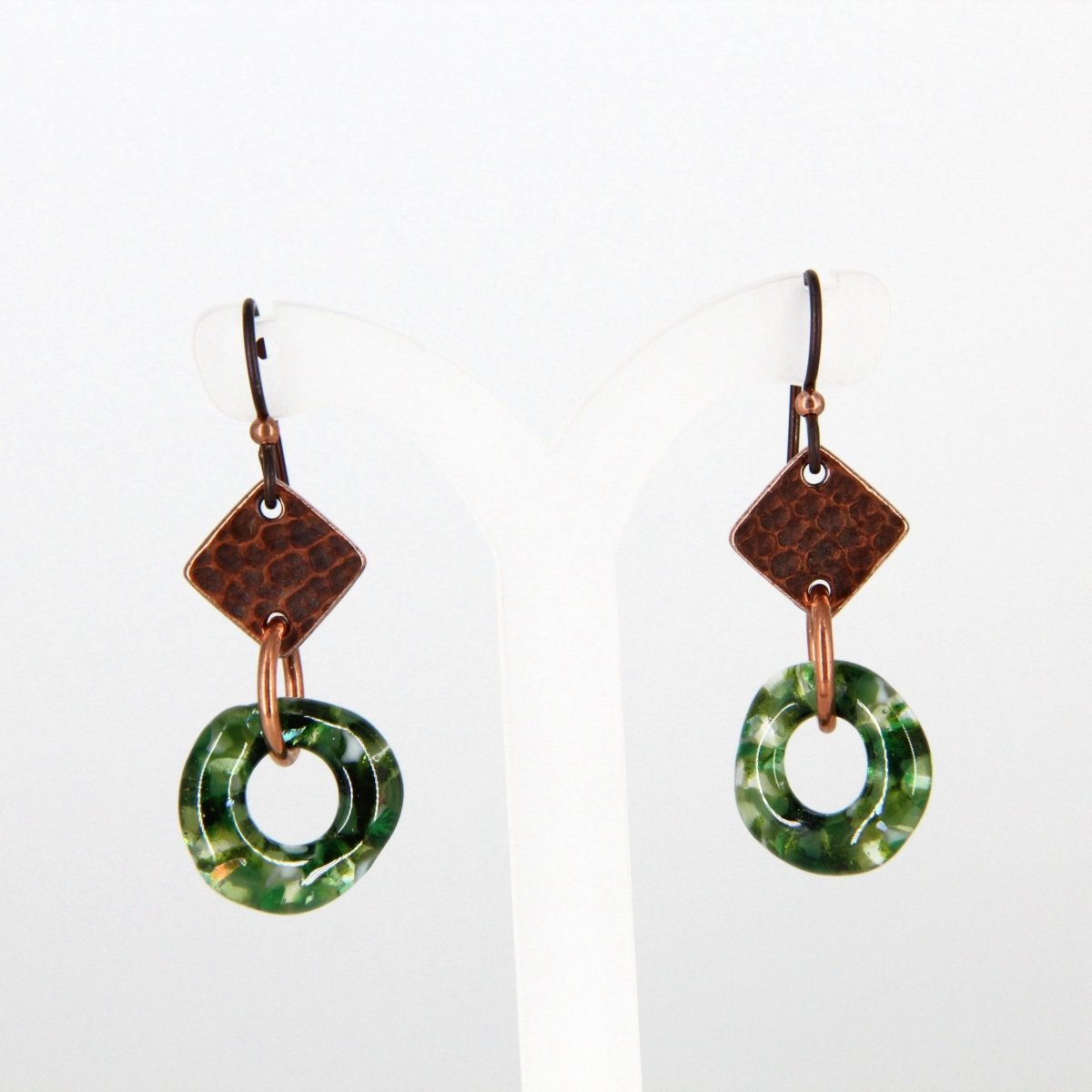 Green Glass Earrings with Copper Accents