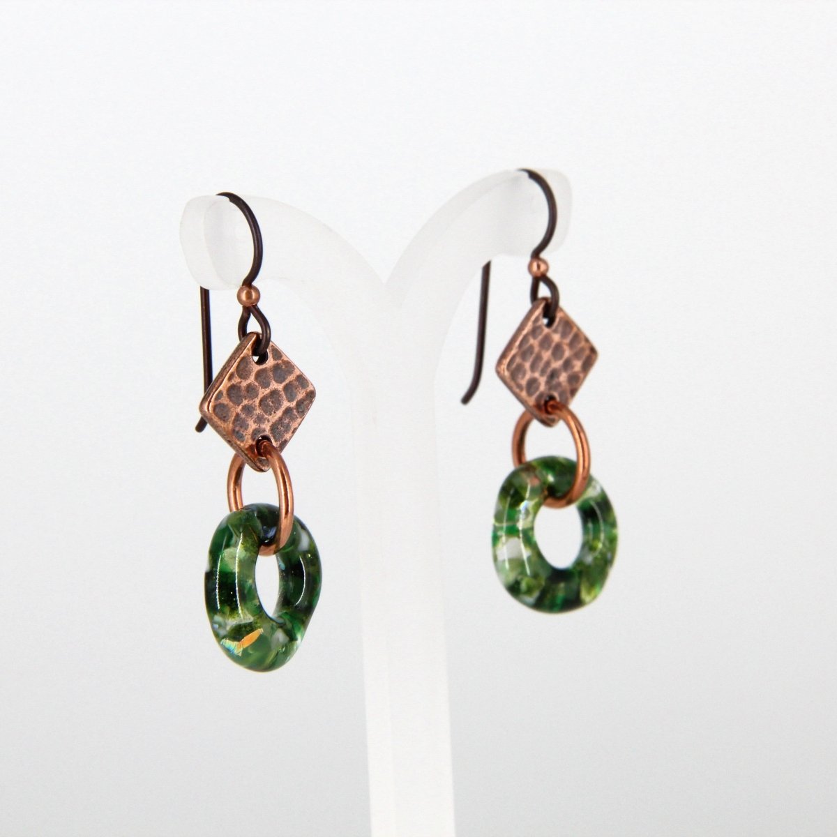 Green Glass Earrings with Copper Accents