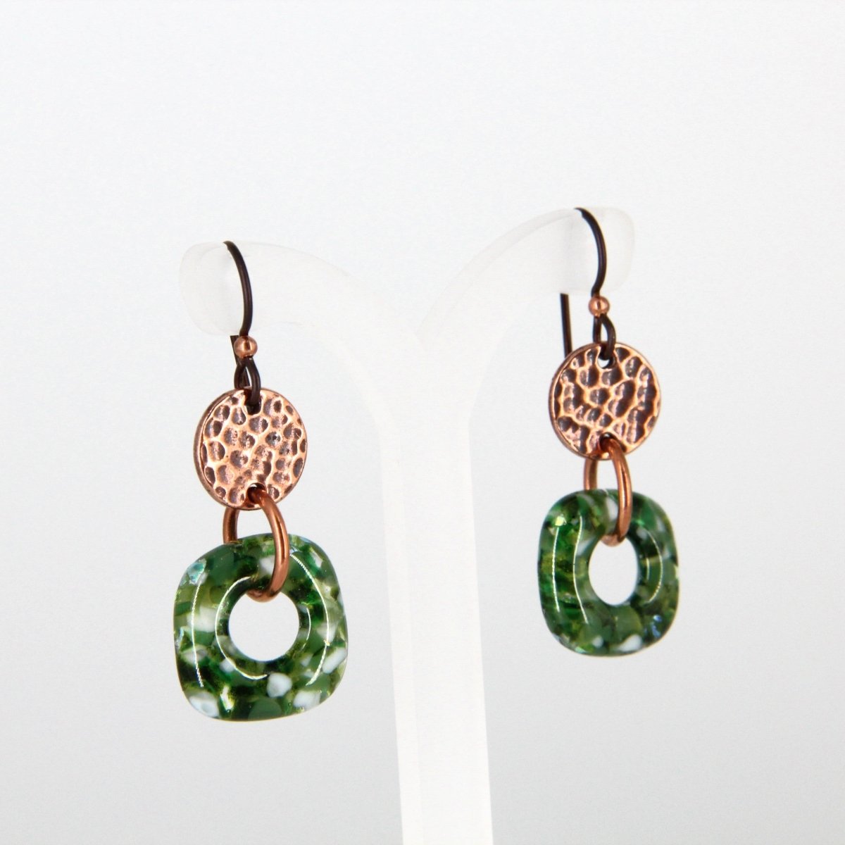 Green Glass Earrings with Copper Accents