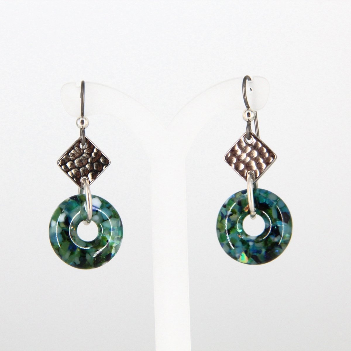 Green Glass Earrings with Silver Accents