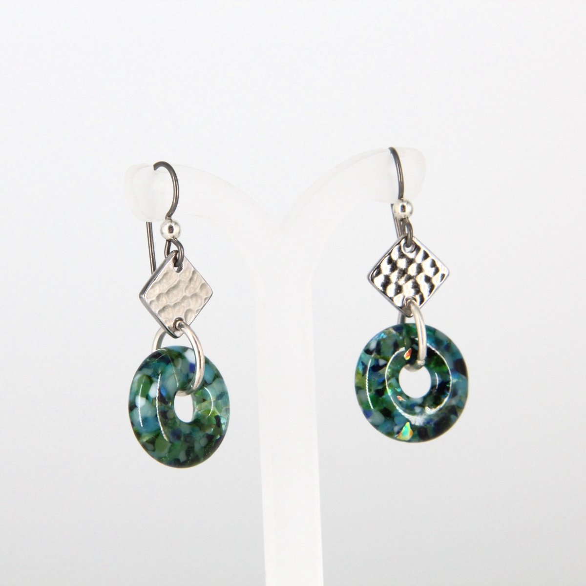 Green Glass Earrings with Silver Accents