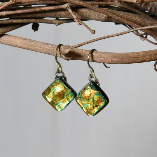 Green-ish Gold Dichroic Glass Bubble Earrings