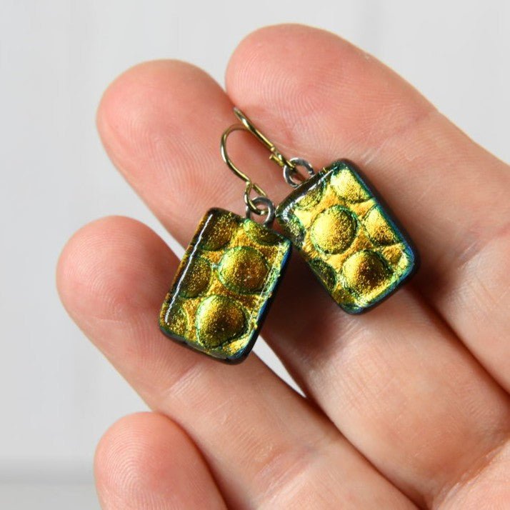 Green-ish Gold Dichroic Glass Bubble Earrings