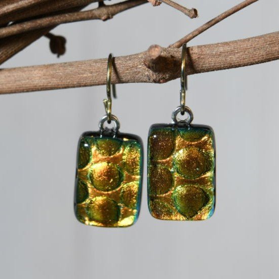 Green-ish Gold Dichroic Glass Bubble Earrings