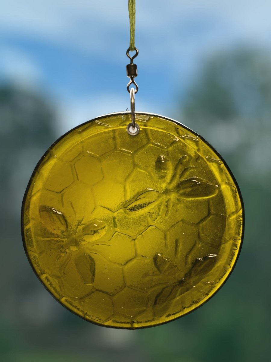 Honeycomb with Small Bees Recycled Bottle Bottom Suncatcher