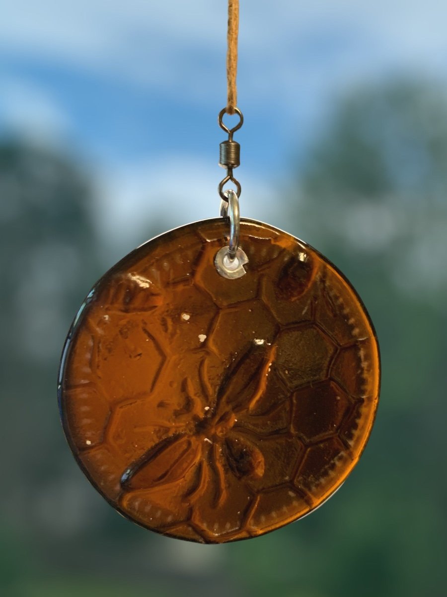 Honeycomb with Small Bees Recycled Bottle Bottom Suncatcher