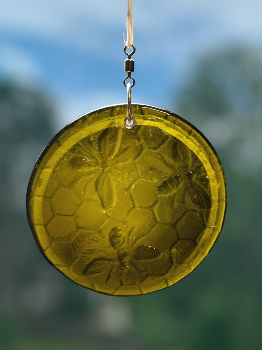 Honeycomb with Small Bees Recycled Bottle Bottom Suncatcher