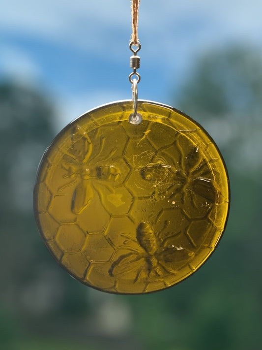 Honeycomb with Small Bees Recycled Bottle Bottom Suncatcher