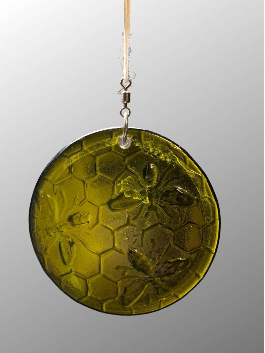 Honeycomb with Small Bees Recycled Bottle Bottom Suncatcher