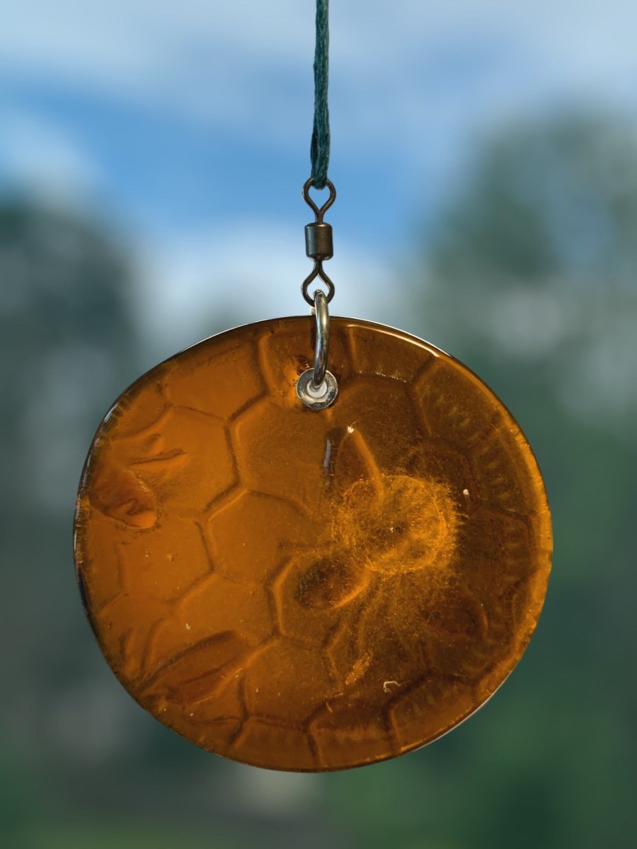 Honeycomb with Small Bees Recycled Bottle Bottom Suncatcher