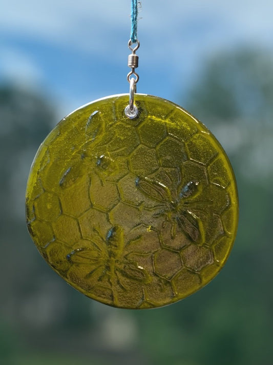 Honeycomb with Small Bees Recycled Bottle Bottom Suncatcher