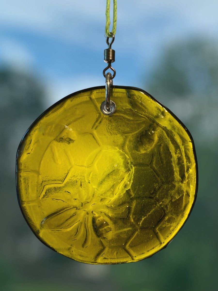 Honeycomb with Small Bees Recycled Bottle Bottom Suncatcher