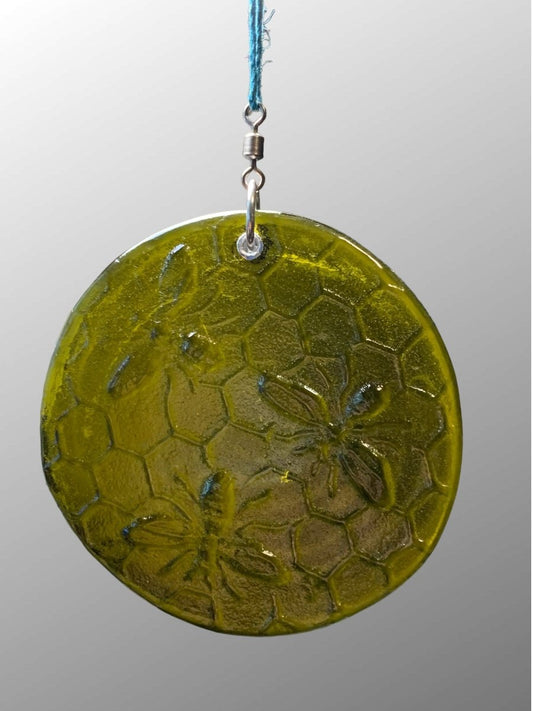 Honeycomb with Small Bees Recycled Bottle Bottom Suncatcher