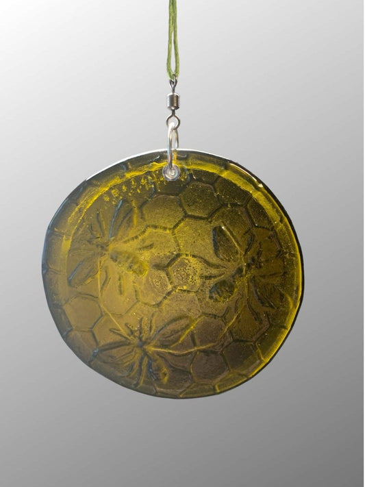 Honeycomb with Small Bees Recycled Bottle Bottom Suncatcher