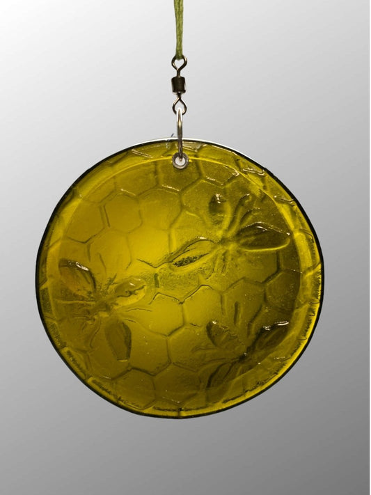 Honeycomb with Small Bees Recycled Bottle Bottom Suncatcher