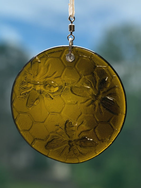 Honeycomb with Small Bees Recycled Bottle Bottom Suncatcher