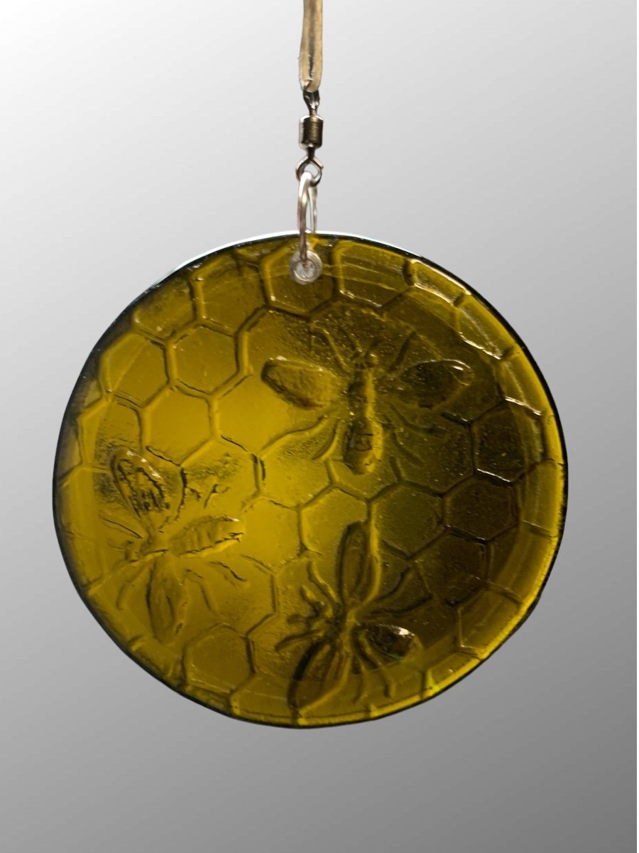 Honeycomb with Small Bees Recycled Bottle Bottom Suncatcher