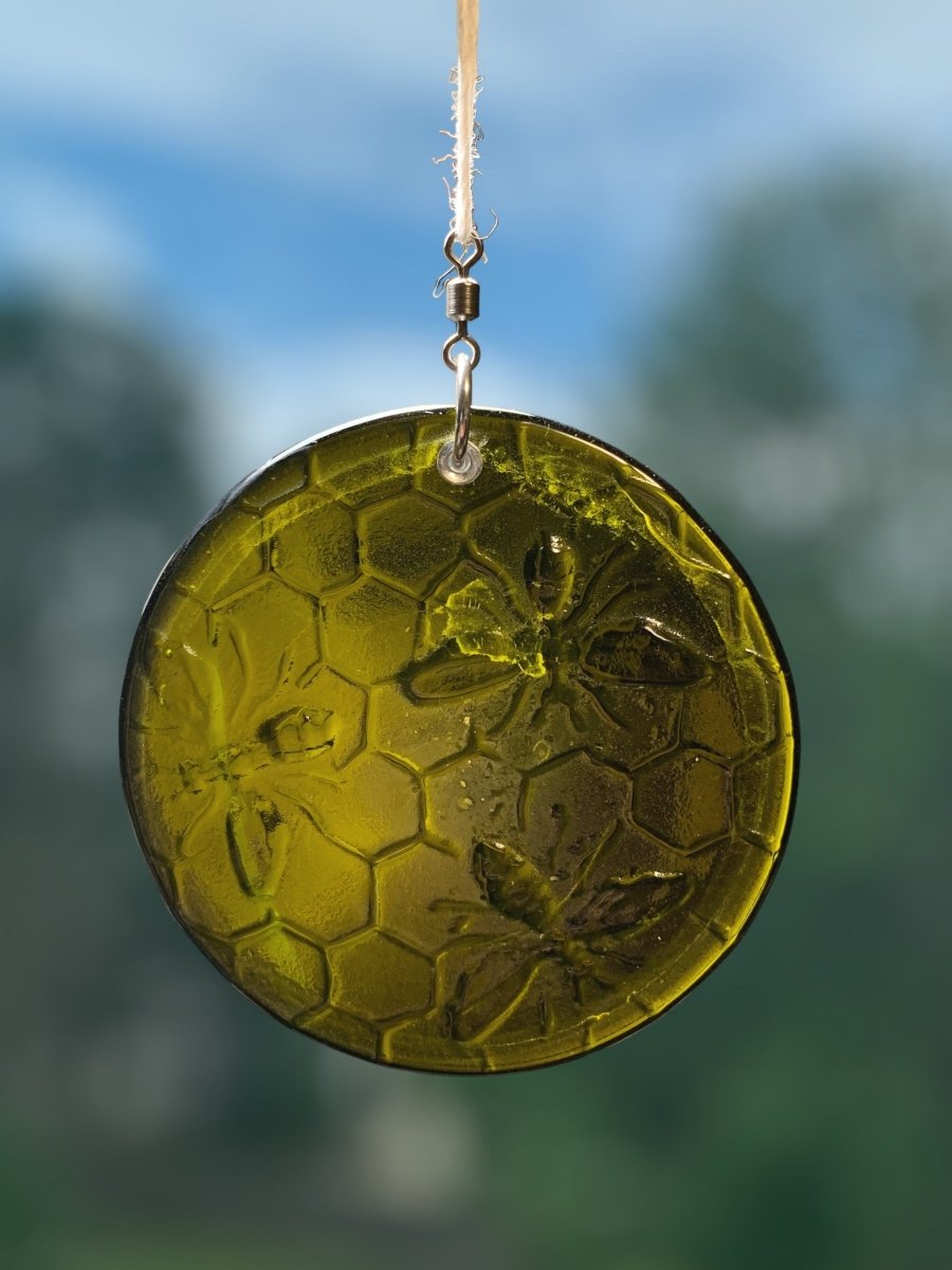 Honeycomb with Small Bees Recycled Bottle Bottom Suncatcher