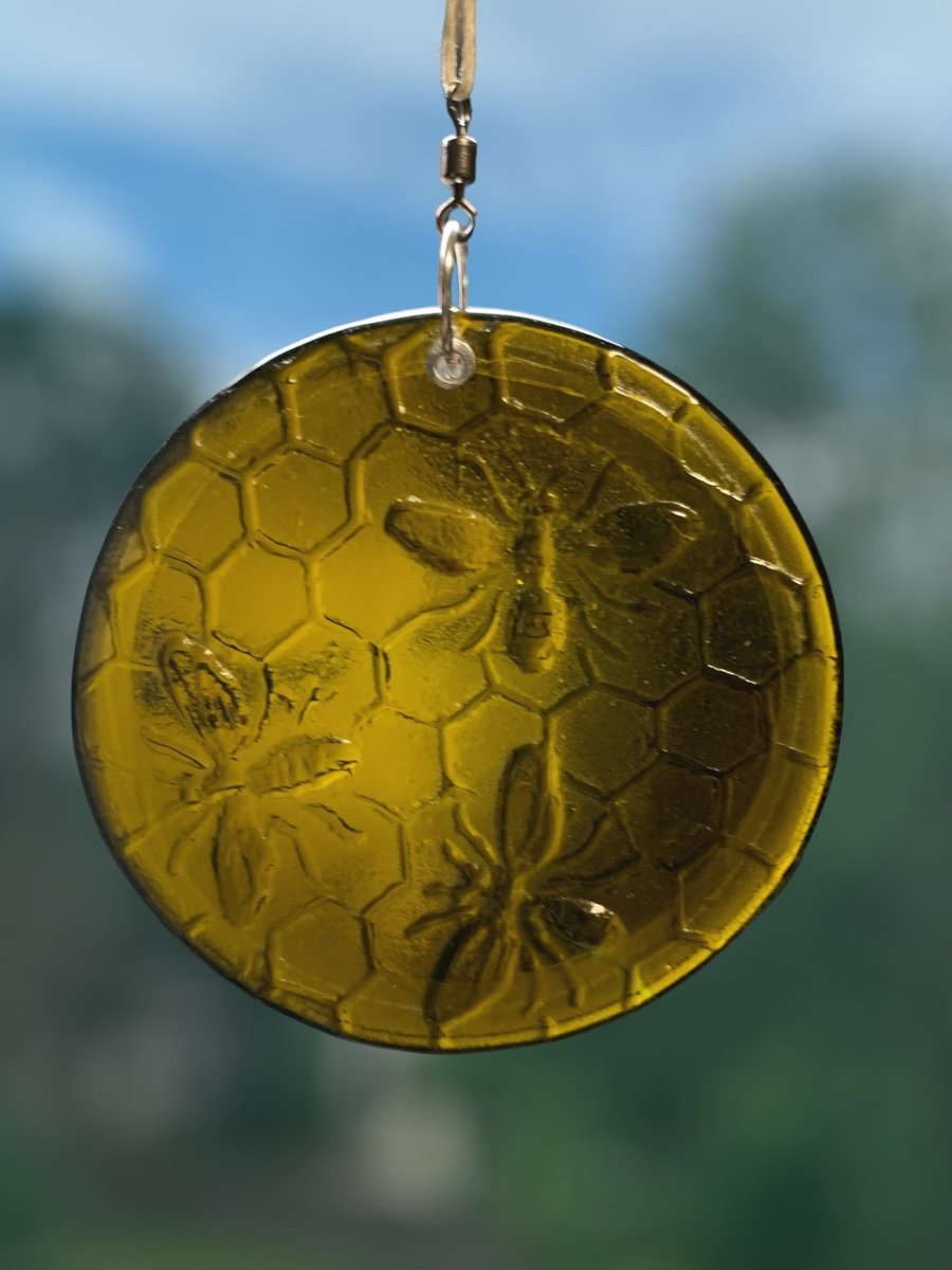 Honeycomb with Small Bees Recycled Bottle Bottom Suncatcher