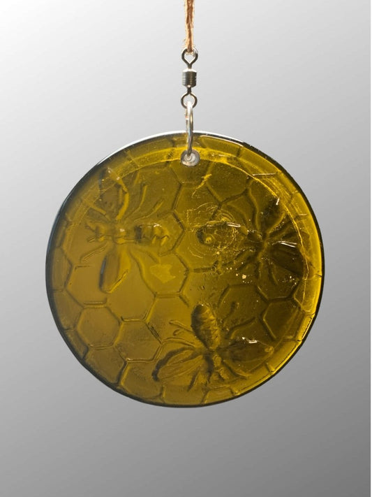 Honeycomb with Small Bees Recycled Bottle Bottom Suncatcher