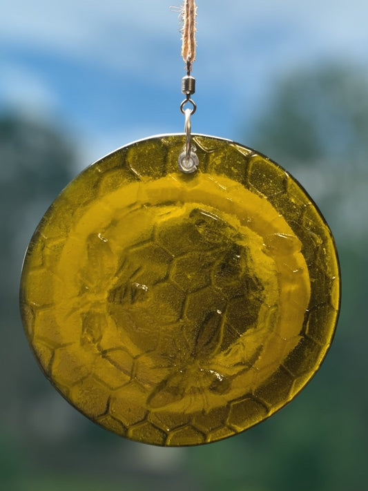 Honeycomb with Small Bees Recycled Bottle Bottom Suncatcher