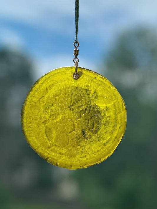 Honeycomb with Small Bees Recycled Bottle Bottom Suncatcher