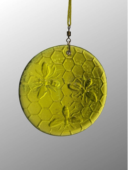 Honeycomb with Small Bees Recycled Bottle Bottom Suncatcher