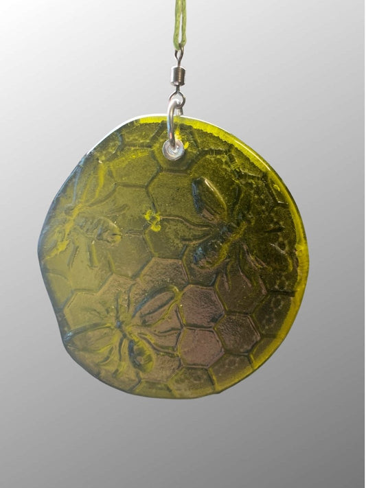 Honeycomb with Small Bees Recycled Bottle Bottom Suncatcher