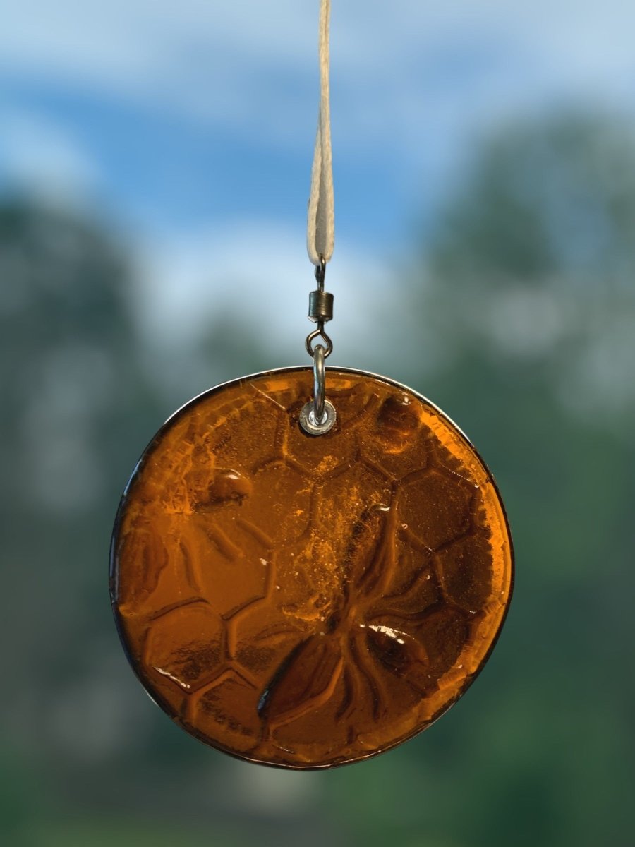 Honeycomb with Small Bees Recycled Bottle Bottom Suncatcher