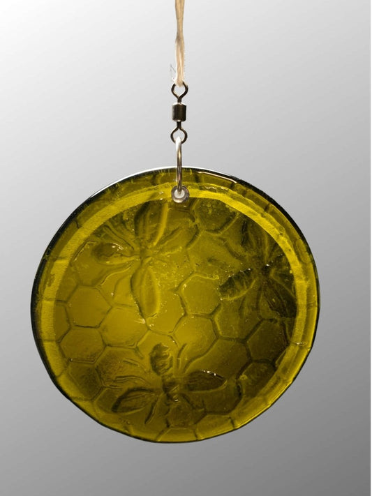 Honeycomb with Small Bees Recycled Bottle Bottom Suncatcher