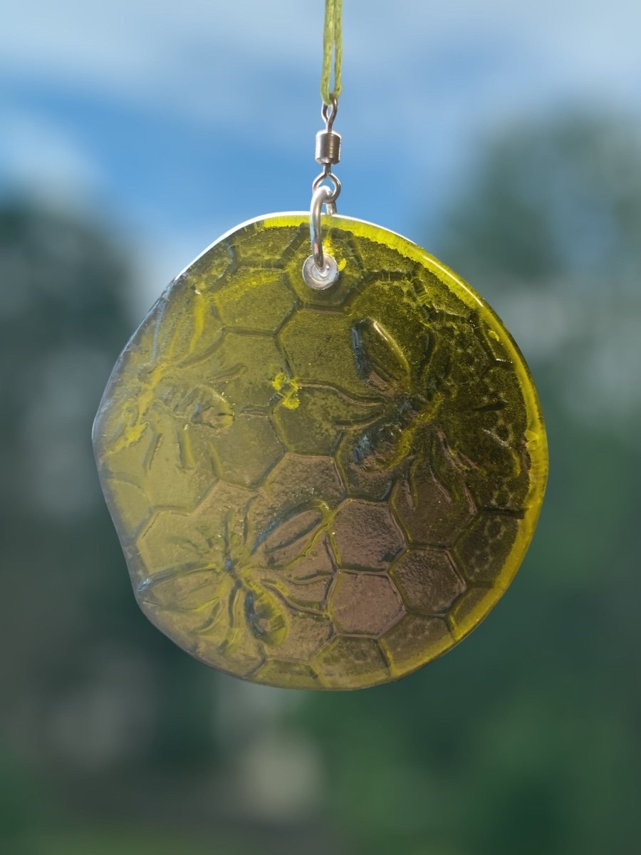 Honeycomb with Small Bees Recycled Bottle Bottom Suncatcher