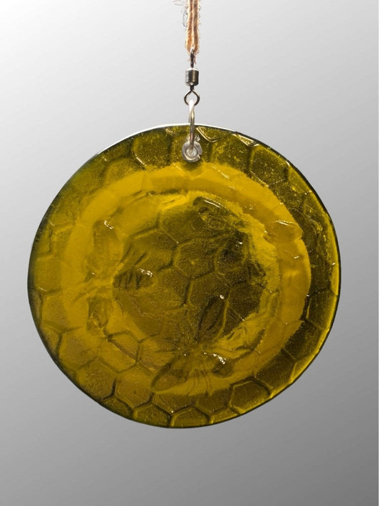 Honeycomb with Small Bees Recycled Bottle Bottom Suncatcher