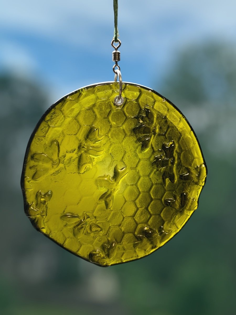 Honeycomb with Tiny Bees Recycled Bottle Bottom Suncatcher