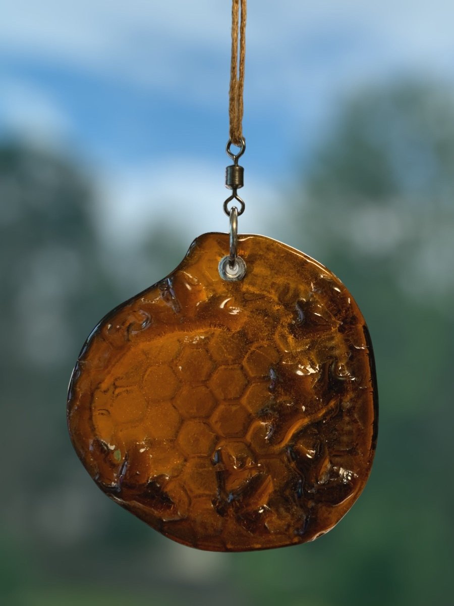 Honeycomb with Tiny Bees Recycled Bottle Bottom Suncatcher