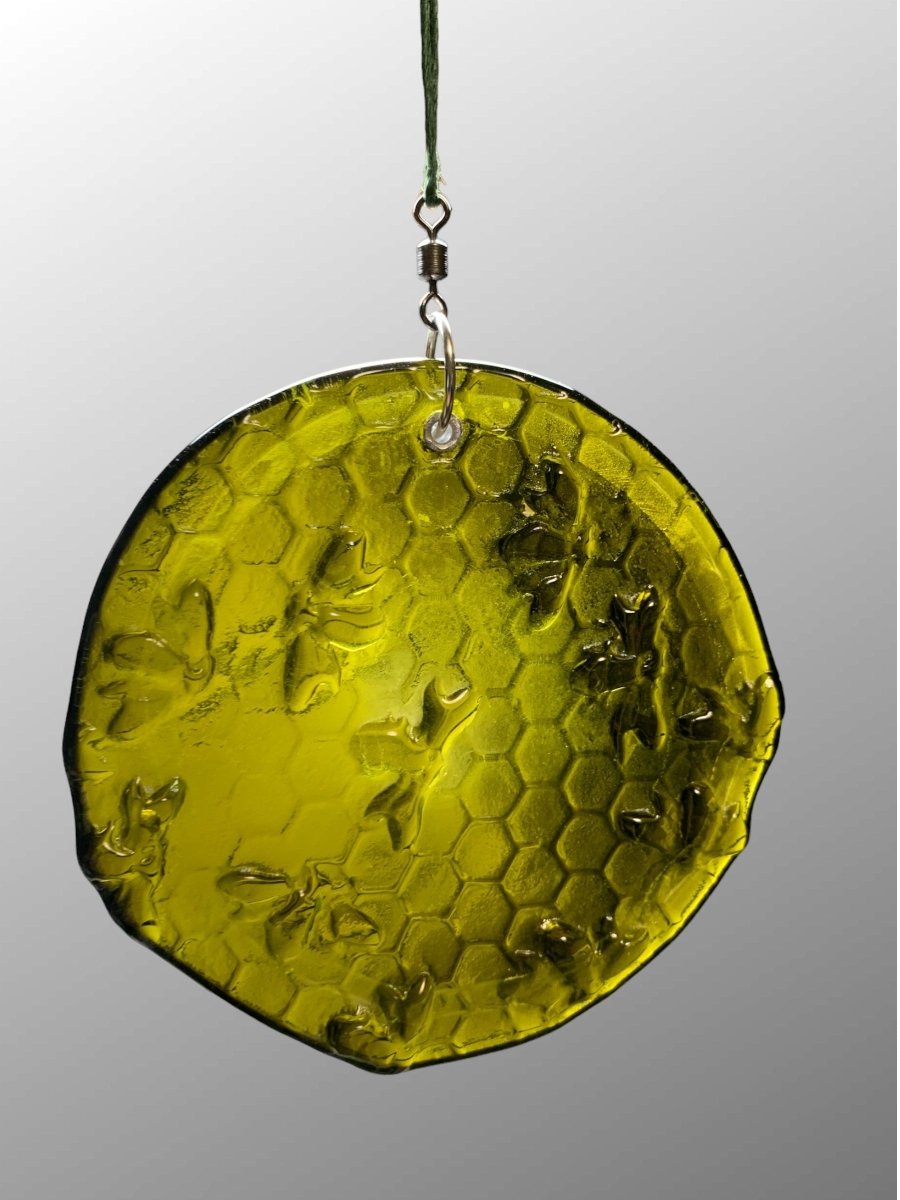 Honeycomb with Tiny Bees Recycled Bottle Bottom Suncatcher