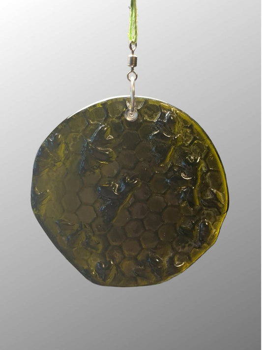 Honeycomb with Tiny Bees Recycled Bottle Bottom Suncatcher