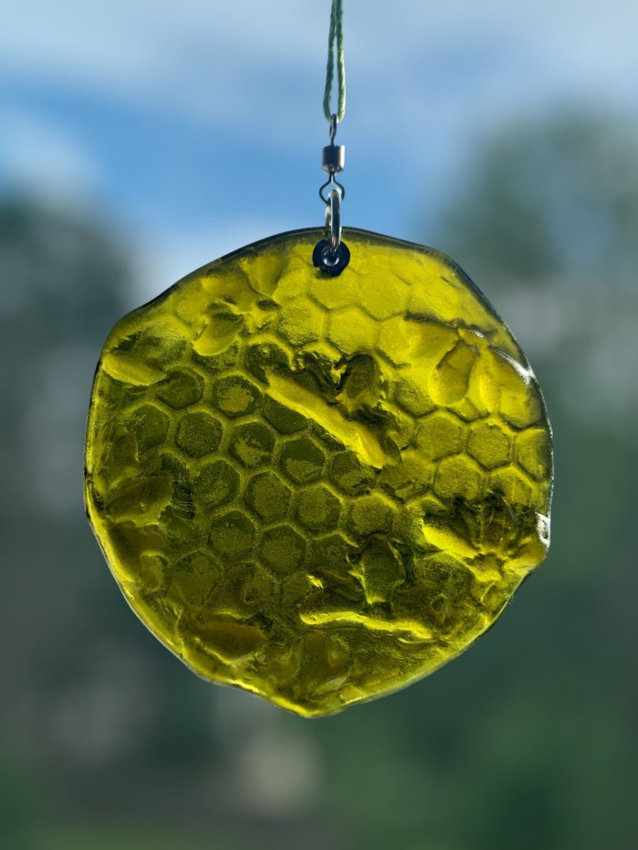 Honeycomb with Tiny Bees Recycled Bottle Bottom Suncatcher